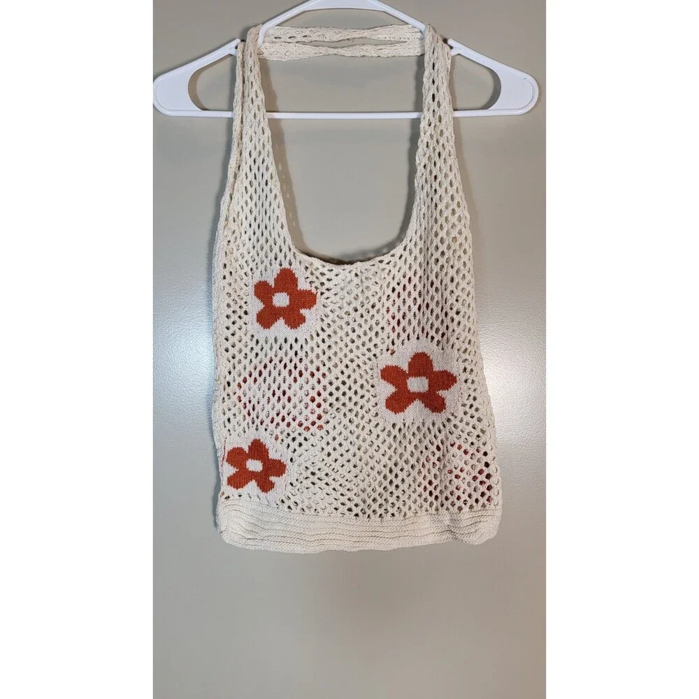 Crochet Tote Bag Cream Orange Floral 70s Boho Hippie Cottagecore Beach Market